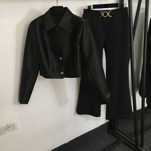 Siyah gündelik palto pantolon bayanlar zarif cazibe dışarısı takım elbise setleri moda uzun kollu kişilik ceketi eşofman