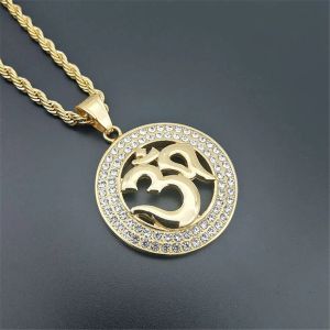 Hiphop Round Indian Yoga Pendant With Rope Chain Golden Color 14k Yellow Gold Ohm Hindu Buddhist Aum Om Halsband Indien smycken