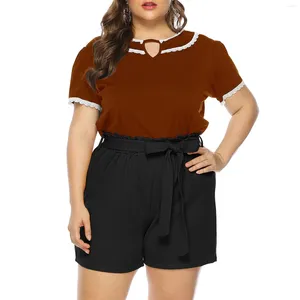 Shorts feminino plus size, perna larga reta com gravata borboleta, cintura plissada, mini calças curtas, sólida, baggy, solto, confortável