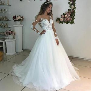 Sweet White Bridal Gown V-Neck Long Sleeve Decal A-Line Tulle Floor-Length Wedding Dress Vestidos De Novia 328 328