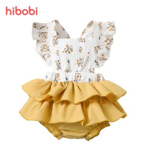 Klänningar hibobi nyfödda flickor kläder blommor spädbarn sommar romer klänning ruffle jumpsuit onesie bodysuit