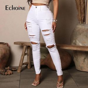 Jeans echoine feminino angustiado rasgado elasticidade jeans 2022 cintura alta branco preto calças de brim moda feminina outono denim