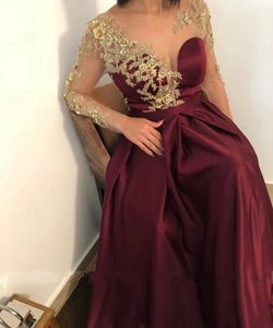 2024 New Burgundy Evening Dress For Women Sheer O-neck Gold Flowers Lace Long Sleeves A-line Prom Formal Party Gowns Robe De Soiree