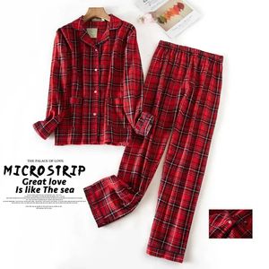 Kadın pijamaları artı boyut S-XXXL Giysileri Ladies Flannel Pamuk Ev Aşınma Takım Sonbahar Kış Pijamaları Ekose Baskı Uyku Üstleri 240110