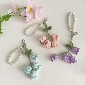 Other Arts and Crafts Creative Wool Crocheted Bolling Orchid Key Ring Ins Cute Girl Pearl Chain Key Chain Handmade Knitted Bag Pendant Charm Gift YQ240111