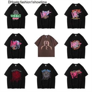 Camisetas sp5der homens mulheres de alta qualidade camisetas moda carta quadro impresso preto rosa homens aranha camiseta algodão casual tees 1efx