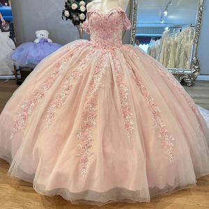 Różowy brokat krystalicznie cekinowa suknia balowa quinceanera sukienki z aplikacji na ramię koronkowe koraliki tull corset vestidos de 15 anos