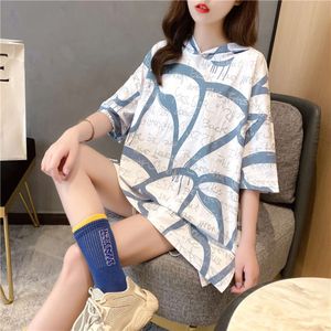 Real Shot Cotton Summer Loose Mid Length Front and Back Printed Large Size Short Sleeved T-shirt for Women's Internet Red Same Style Dress