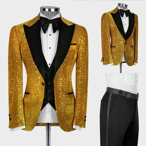 Pantaloni da uomo con paillettes dorati Abiti da sposo slim fit con risvolto con visiera Giacca da sposo per feste di compleanno Smoking da sposa