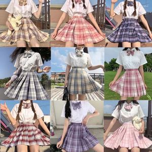 Röcke Koreanische Frauen Mädchen JK Uniform Set Mit Krawatten Harajuku Kawaii Plissee Plaid Rock Weibliche Uniformen Hohe Taille Mini A-linie kleid