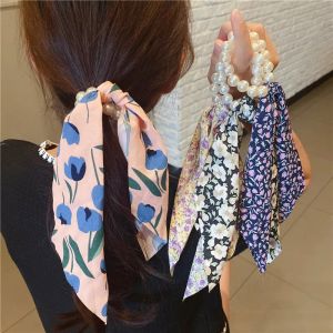 12 stücke Mädchen Sommer Elastische Bogen Scrunchies Floral Print Pferdeschwanz Schal Haar Krawatten Zubehör Lange Band Haarbänder BJ