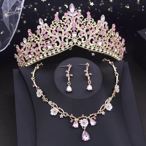 Royal Queen Bridal Crown Set Pink Rhinestone Crystal Wedding Dress Hair Jewelry Party Tiaras Flower Smycken Set Accessories 240110