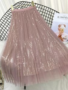 Spring Summer Skirts Women Korea Long Tulle Skirt Sequined Pleated A Line Midi Skirt Chic High Waist Skirt Female 240111