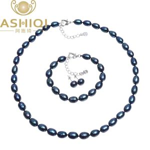 Conjuntos Ashiqi genuíno natural preto de água doce pérola conjuntos de jóias, colar pulseira brincos, 925 brincos de prata esterlina