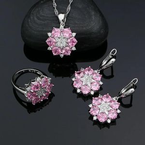 Sets 925 Silver Cute Jewelry Sets For Women Pink Cubic Zirconia White Crystal Bridal Earrings Necklace Pendant Ring Wedding Set