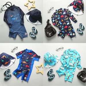 set Toddler Swimwear Shark Dinosaur Swimsuit Boy One Piece with Hat Antiuv Long Sleeve Children Swimming Suit Bathing Suit Kids