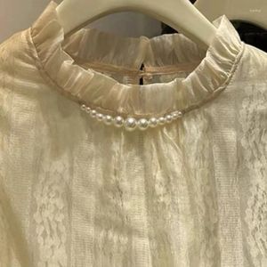 Women's Blouses Counter Quality Bead Lace Hollow Out Two Layers Shirts And For Women Spring 2024 Long Sleeve Beige Top Blusas Para Mujer