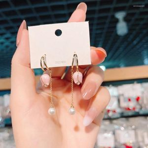 Stud Earrings 1 Pair Korean Elegant Irregular Pink Tulip Long Tassel For Women Fashion Pearl Jewelry Light Luxury Versatile