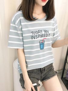 Women's T Shirts Print Shirt Women 2024 Summer Striped Tshirt Short Sleeve Top Cotton Tshirts Korean Fashion Woman Clothes Tee Femme
