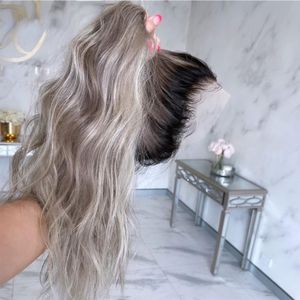 180% Long 30" Human Hair Wigs Ash Grey Blonde Lace Frontal Wig Loose Wavy Glueless Lace Front Wig for Women