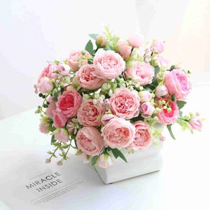 Other Arts and Crafts Rose Pink Silk Peony Artificial Flowers Bouquet 5 Big Head and 4 Bud Cheap Fake Flowers for Home Wedding Decoration indoor YQ240111