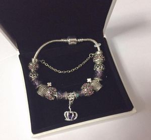16 17 18 19 20 21 CM Charm Armband 925 Silverpläterade armband Royal Crown Accessories Purple Crystal Pärla olika färg DIY WED1988807