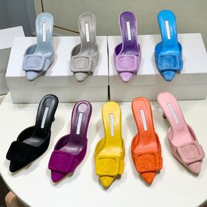 New Genuine leather wrapped buckle Embellished Mule slippers Sandals Kitten Heel Suede Muller Shoes Womens Luxury Designer Pointed Toe Slingbacks Shoes With box