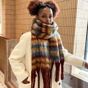 Scarves Winter Scarf For Women Mohair Warm Striped Pashmina Blanket Wraps Female Thick Soft Wear Tassel Shawl Long Poncho