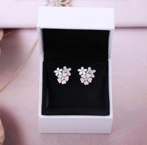 2024 Nya autentiska Sterling Silver Flowers Stud Earring Box For Pink Emamel Daisy Söta kvinnliga flickor örhängen Set gåvor