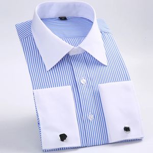 Camisa masculina clássica com punhos franceses listrados, camisa de bolso com remendo único, camisas de casamento de manga comprida com abotoaduras incluídas 240111