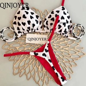 QINJOYER Swimwear Women Cute Heart Print Brazilian Bikini Set Sexy Thong Swimsuit Two Pieces Bathing Suit Women Beach Wear240111