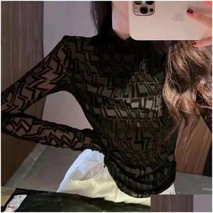 Womens T-Shirt Designer High-Quality Tee Thin Section Inner Long-Sleeved T-Shirts Fashion Fl F Printing Slim High-Neck Top Drop Delive Oto1E