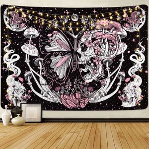 Skull Tapestry Hippie Mushroom Tapestries Eesthetic Moth Moon and Stars Snake Wall Hanging For Living Room Decor 240111