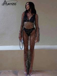 Shiny s Grid Fishnet Dress Long Sleeve ONeck Hollw Out Side Slit Sexy Beach Cover Up Breathable Lady Vestidos 240111