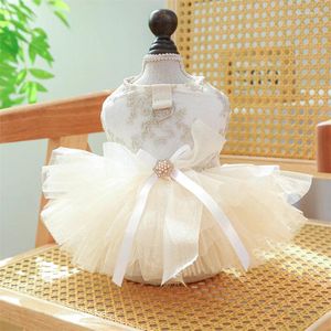 Dog Apparel Cute Dress Breathable White Wedding Bow Princess With Pulling Cord Button For Small Medium Dogs