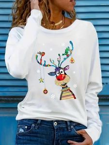 女性用TシャツプラスサイズクリスマスTシャツトナカイトナカイプリント長袖ラウンドネックミディアムストレッチ