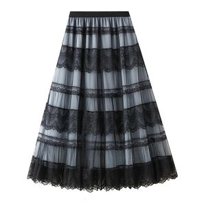 Surmiitro Women Maxi Lace Tulle Skirt Vintage Elegant A Line High Waist Tiered Tutu Mesh Long Female Ladies 240110