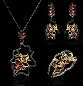 Sets 3pcs/set Women's Bohemia Black Gold Color Earrings Ring Necklace Delicate Flower Petals Inlay CZ Zircon Wedding Jewelry Set