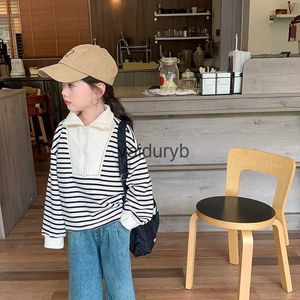 Jackets 2023 Autumn new girls baby hoodies pullover patchwork lapel collar striped sweatshirt for kids soft loose Topsvaiduryb