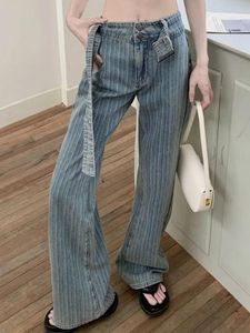 Jeans deeptown vintage blå randig baggy jeans kvinnor koreanska mode chic wide ben denim pants streetwear bälte grundläggande överdimensionerade byxor