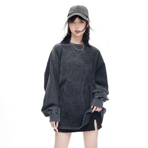 230g Pure Cotton Heavyweight Distressed T-shirt with Long Sleeves, Oversized Drop Shoulders, All Cotton Washed Vintage Autumn Clothes, Loose Oversized