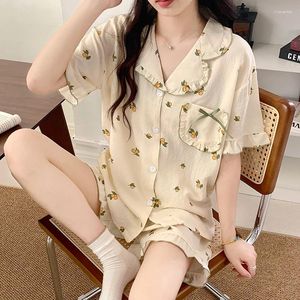 Mulheres sleepwear verão mulheres pijamas conjunto de algodão coreano curto pijama impressão pijama femme casual casa roupas adultas