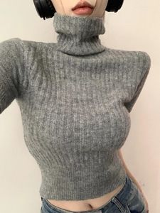 Kvinnors tröjor 2024 ropa mujer tröja kvinnor turtleneck kort ärm jumper pull femme mode y2k toppar tunika stickning beskurna tröjor