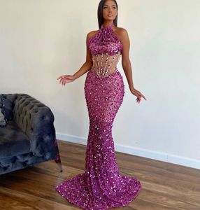 2024 Luxury Fuchsia Mermaid Prom Pageant Dress Halter Heavy Crystal Sequins Se genom kvällsnattklänningar Formella festklänningar Robe de Soiree