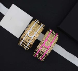 Luxury quality charm Wide style opened bangle with pink color and white design in 18k gold plated have stamp box PS3778A