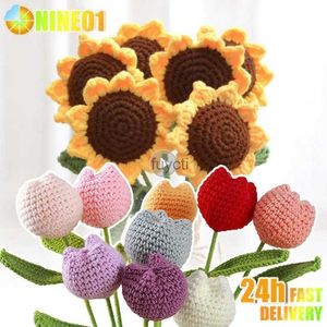 Other Arts and Crafts DIY Knitting Bouquet Rose Tulip Flower Bouquet Sunflower Hand-knitted Fake Flowers Knit Flower Home Table Crochet Floral Bouquet YQ240111