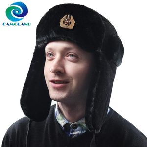 Basker Camoland Hot Sale Soviet Badge Ryssland Ushanka Trapper Hats för kvinnor män termisk faux päls bombplan hatt vinter öronlapp snöskidkap