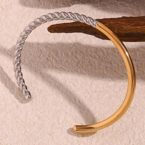 Silver Color Wrist Bangle Stainless Steel PVD Plated Twist Texture Spliced Glossy 2 Tones Cuff Bangles Bracelets For Women 240110