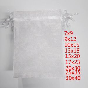 Exibição 100 peças sacos de organza com cordão branco bolsa sacos de embalagem de jóias festa de aniversário sacos de presente de natal bolsas de presente de casamento bolsas