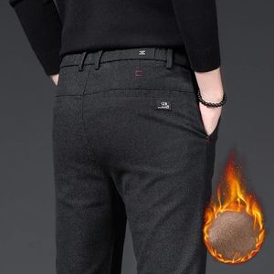 Winter Mens Warm Casual Pants Business Fashion Slim Fit Stretch Thicken Gray Black Cotton Fleece Trousers Male 240111